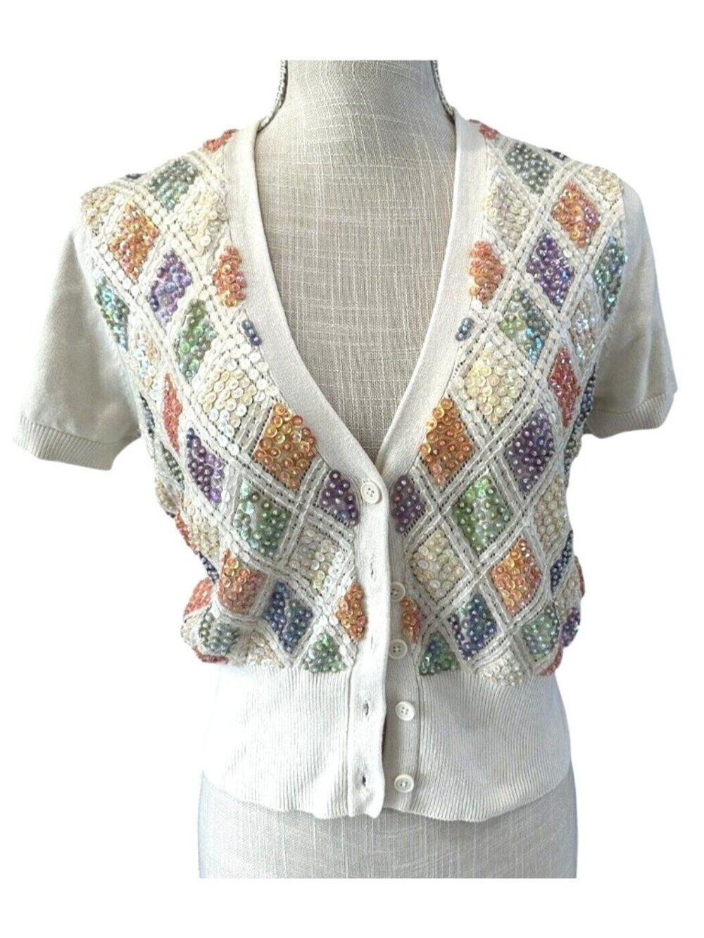 Isaac Mizrahi Live Sequin Beaded Short Sleeve Cardigan Sweater Size S